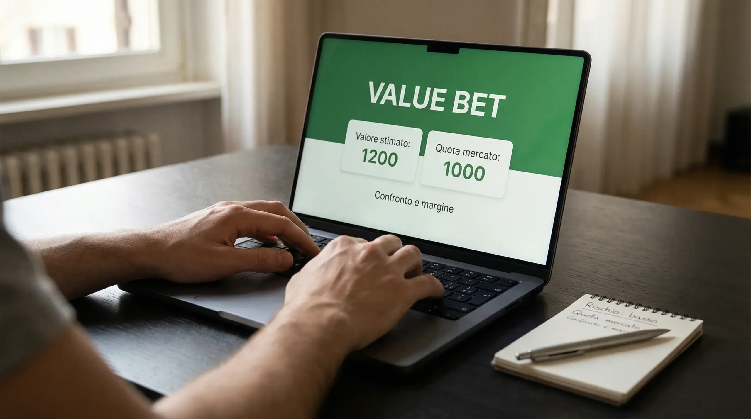 Scommettitore analizza statistiche calcio su laptop