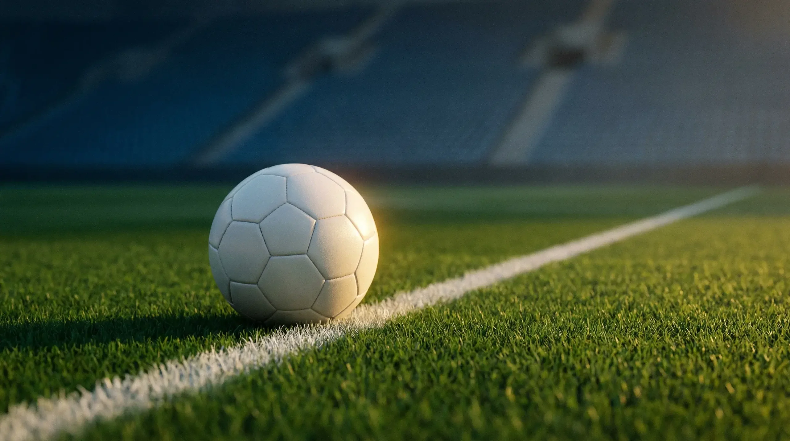 Pallone da calcio su campo verde con illuminazione drammatica